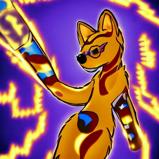 Image similar to furry anthro canine with stripes shooting electricity, hero pose, drawn, comic style, lens flare, magic effects, motion blur, chromatic aberration, detailed, 4 k