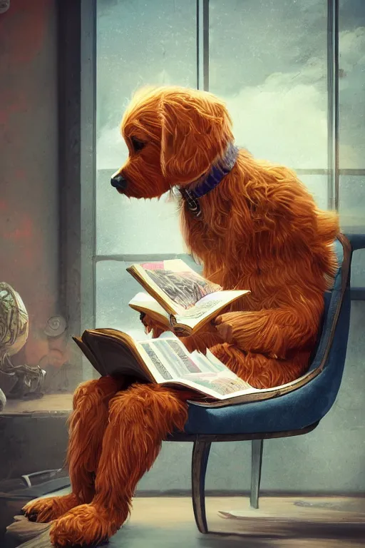 Image similar to well-dressed humanoid dog reading a book, vivid colors, high details, cinematic, 8k resolution, beautiful detailed, photorealistic, digital painting, artstation, concept art, smooth, sharp focus, illustration, fantasy background, artstation trending, octane render, unreal engine