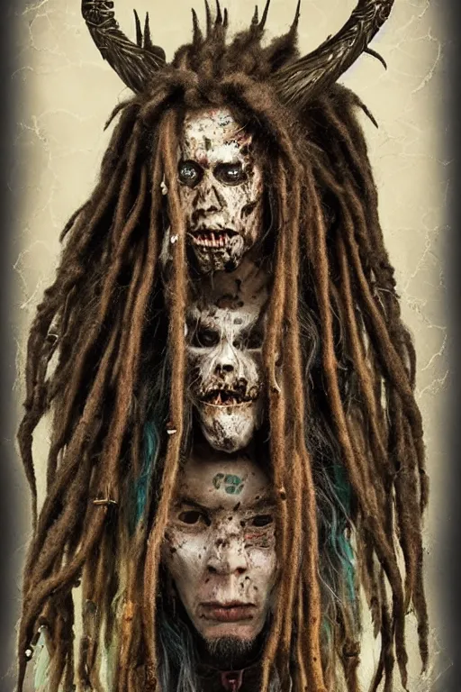 Image similar to a photorealistic of horror shaman with dreadlocks in sacrament of death and destruction