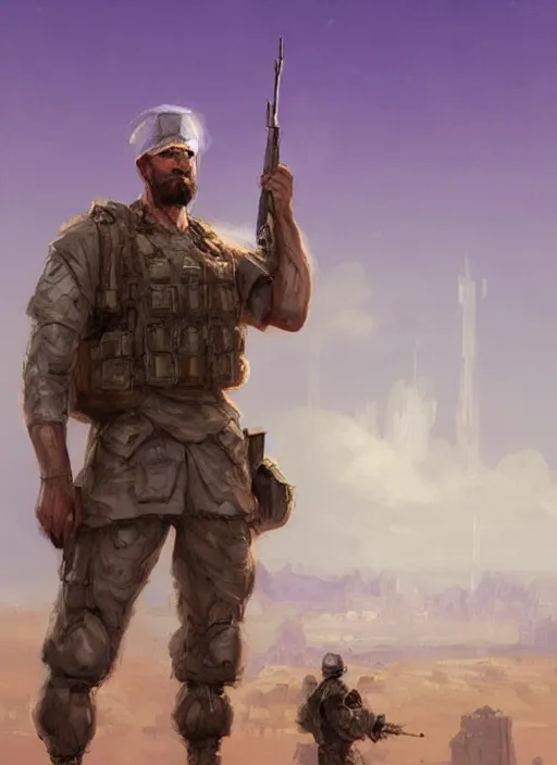 Image similar to purple lighting, detailed character portrait concept art, white male strong muscular mature soldier with beard and short hair in a soldier uniform, desert with city in the background, sharp focus, illustration, highly detailed, digital painting, concept art, matte, art by wlop and artgerm and greg rutkowski, masterpiece