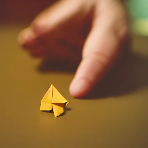 Image similar to close up photo of a small origami obese man, cinematic, shallow dof, 3 5 mm, 4 k, macro