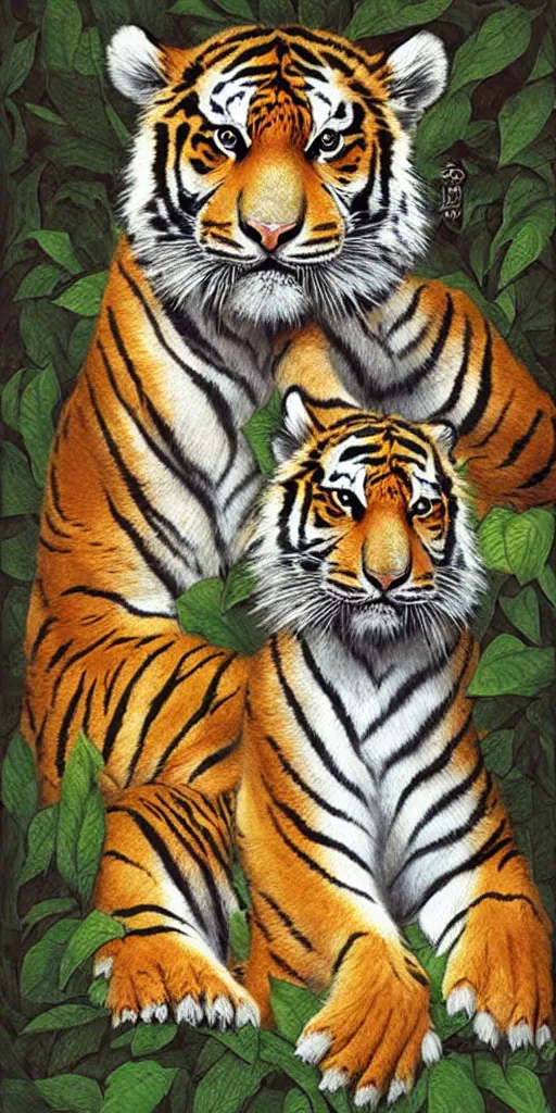 Image similar to greeting card, love, 2 beautiful siberian tigers, by tran nguyen, warm colors, cozy