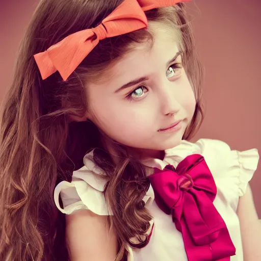 Image similar to 1girl ascot bare_shoulders bow brown_eyes brown_hair close-up floral_background frilled_bow frilled_hair_tubes frills hair_between_eyes hair_bow hair_tubes long_hair orange_ascot pink_background red_bow shirt sleeveless sleeveless_shirt solo