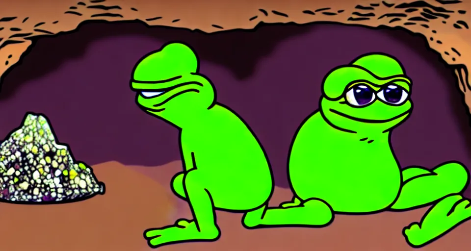 Prompt: pepe in a cave digging crystals