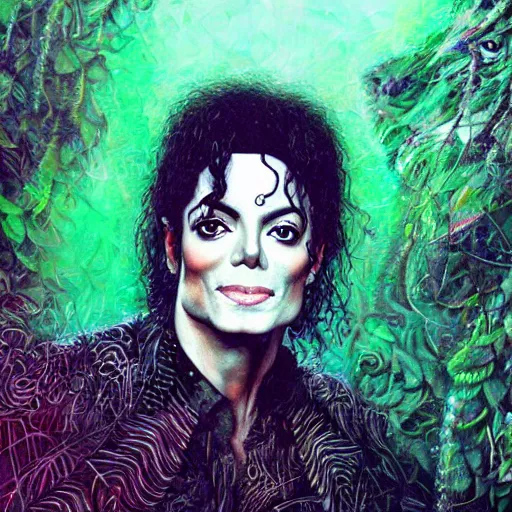 Prompt: a portrait of Michael Jackson in a scenic environment by Android Jones, hyperdetailed