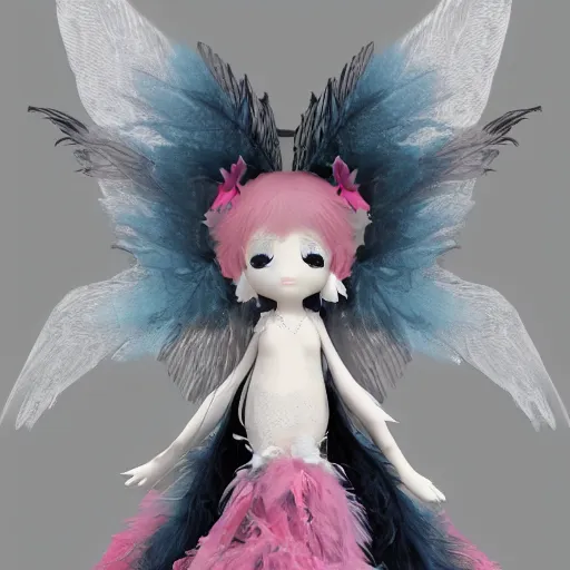 Prompt: cute fumo plush of a divine angel, gothic maiden, ribbons and flowers, ruffled wings, feathers raining, particle simulation, clouds, vray