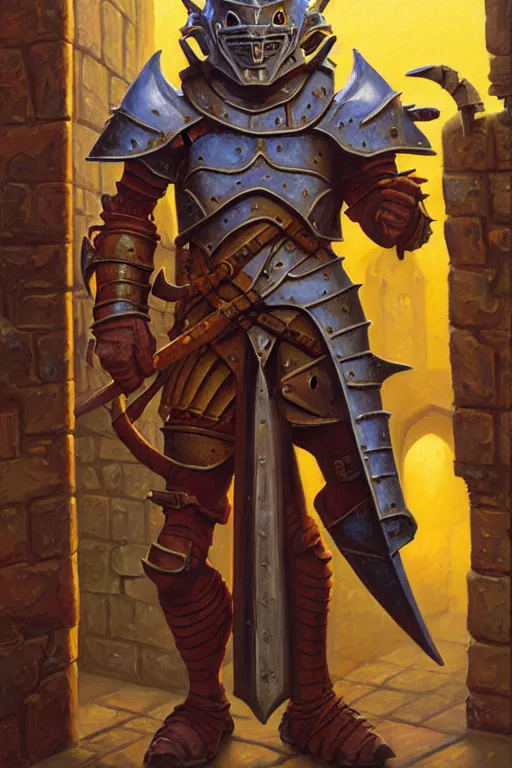 Prompt: iconic oil painting, a serious troubled kobold paladin, as a dnd character, armour, inside a castle courtyard, cottagecore, highly detailed, digital illustration, concept art, smooth, sharp focus, art by tim hildebrandt, and greg hildebrandt