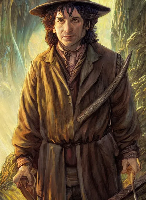 Image similar to a fantasy comic book style portrait painting of hobbit mage, art by donato giancola and bayard wu and gustav moreau and wayne barlowe, unreal engine 5