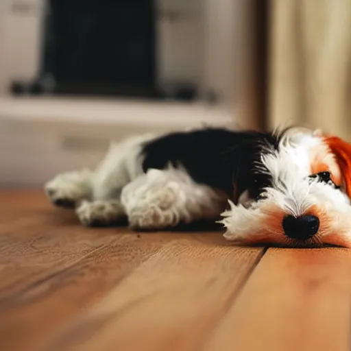 Image similar to iphone portrait picture of a foxterrier puppy, he is laying down in a hardwood floor kitchen, feet in the background