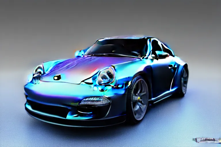 Image similar to iridescent Porsche 911, macro photography, by Thomas Kincade, Richard Sigamani, 8k photorealistic, HD, high details, concept art, trending on artstation