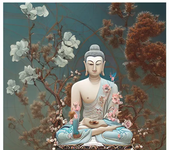 Image similar to breathtaking detailed concept art painting art deco pattern a beautiful buddha with pale skin on sitted on an intricate metal throne light - blue flowers with kind piercing eyes and blend of flowers and birds, by hsiao - ron cheng and john james audubon, bizarre compositions, exquisite detail, extremely moody lighting, 8 k h 1 0 2 4