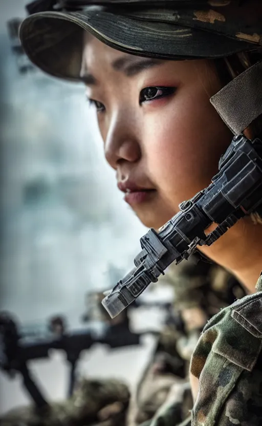 Prompt: close portrait photo of a focused female and asian tank commander spying outside the open window of her tank, highly detailed, smoke and dirt in the background, high resolution, cosplay photo, stunning, girls frontline style, bokeh soft, shot on 70mm, zenithal lightning, trending on instagram, by award winning photographer, realistic human anatomy, real human faces, realistic military carrier, soldier clothing, modern warfare, shot with a professional camera, low saturation, soldier clothing, hard surfaces