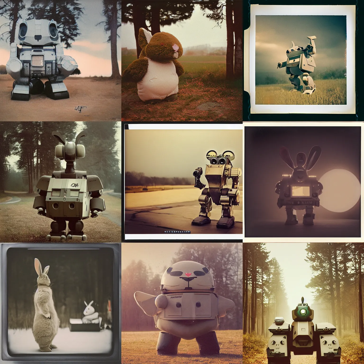 Prompt: giant oversized chubby rabbit robot mech, with big rabbit ears ,on a vilage , Cinematic focus, Polaroid photo, vintage, neutral colors, soft lights, foggy, panorama by Steve Hanks, by Serov Valentin, by lisa yuskavage, by Andrei Tarkovsky