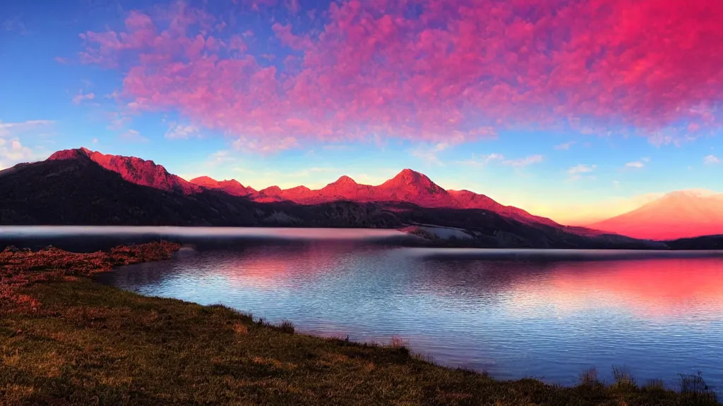 Image similar to mountain with a lake and a red sky