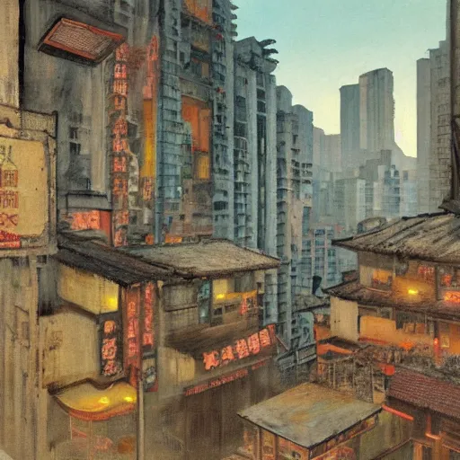 Prompt: Hopper painting of Kowloon Walled City at dusk, looking down canyon-like alley with 5 floors of ramshackle apartments and business on all sides, to the right some light is coming from a ground-floor cafe, where people are drinking tea and talking