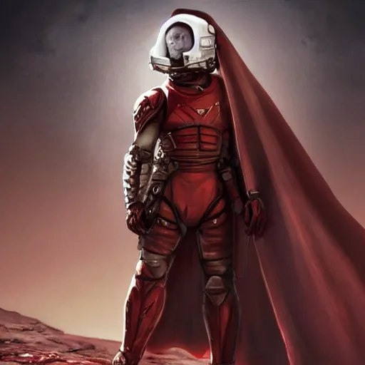 Image similar to a towering soldier, wearing blood - spattered glossy sleek white dinged scuffed armor and a long torn red cape, heroic posture, battle - weary, strained expression, determined expression, no helmet, on the surface of mars, dramatic lighting, cinematic, sci - fi, hyperrealistic, detailed