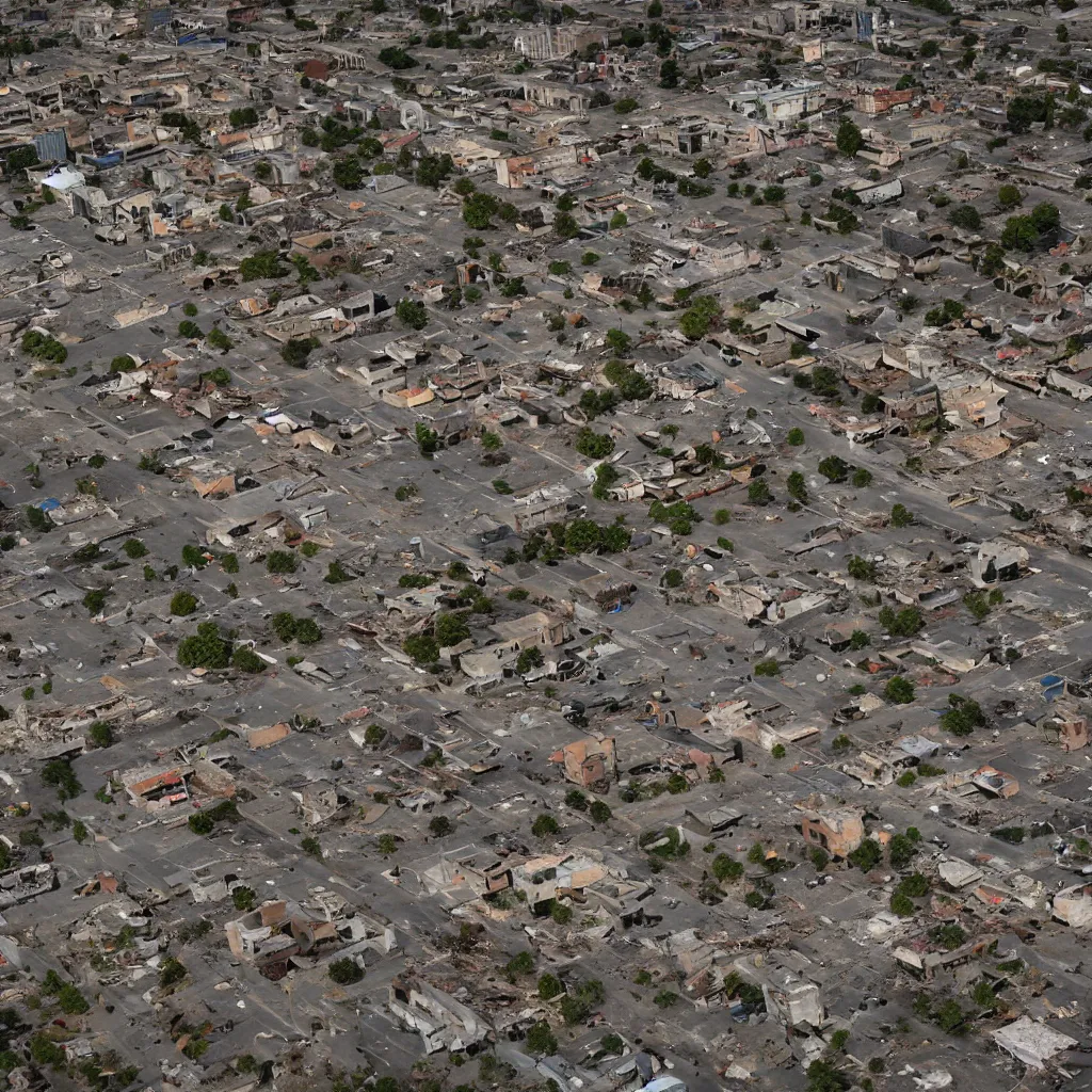 Prompt: top down aerial view of dilapidated city center in real life, desolate with zombies, dilapidated, zombies in the streets, nightmarish, some rusted style parked vehicles, sunny weather, few clouds, volumetric lighting, photorealistic, daytime, autumn, sharp focus, ultra detailed, cgsociety