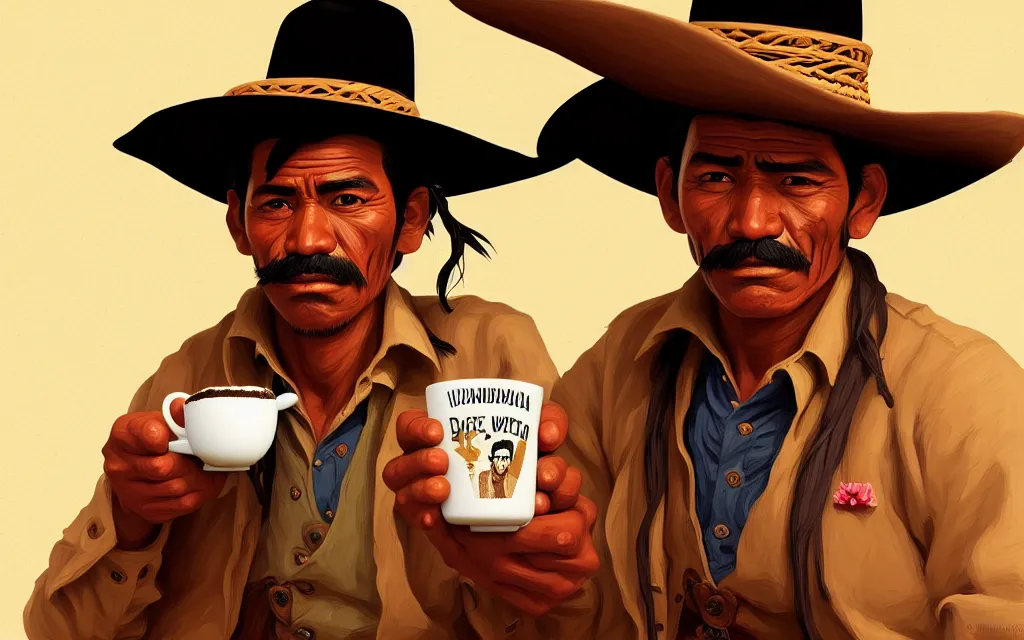 Image similar to photo of juan valdez coffee illustration of a mexican man,, with one small, dirt, wild west, with hat, drinking columbian coffee with a donkey, fantasy, intricate, elegant, highly detailed, digital painting, artstation, concept art by makoto shinkai, ilya kuvshinov, lois van baarle, rossdraws, basquiat,