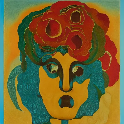 Image similar to floral face portrait by leonetto cappiello and wojciech siudmak and ernst fuchs, anni albers, oil on canvas