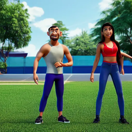 Image similar to young beautiful athletic Filipino woman with long hair standing beside a handsome caucasian athletic thin man with very short buzzed thinning hair, stubble beard on his face, blue eyes, they are posing, depicted as adult Pixar characters, high quality cg render, 4k