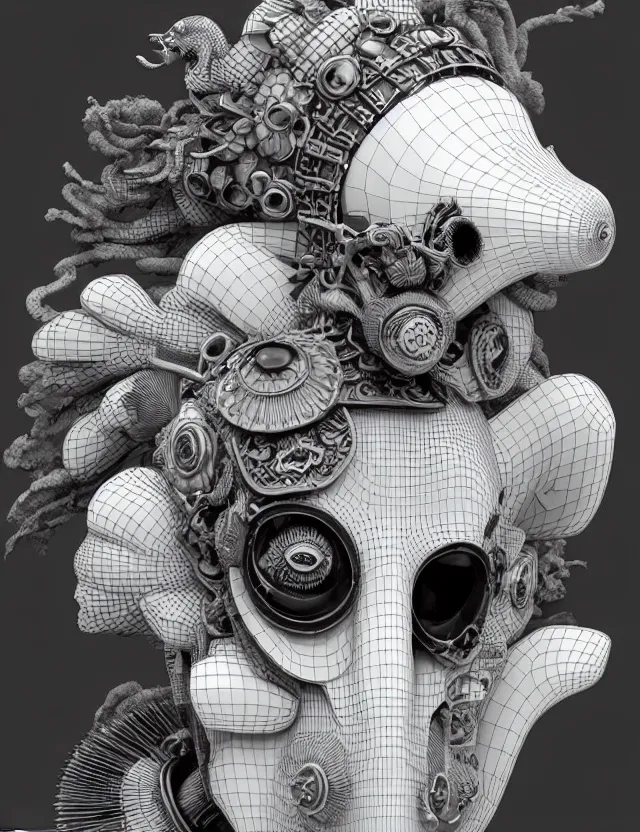 Image similar to 3 d goddess close - up profile punk portrait with vintage gas mask ram skull. beautiful intricately detailed japanese crow kitsune mask and clasical japanese kimono. betta fish, jellyfish phoenix, bio luminescent, plasma, ice, water, wind, creature, artwork by tooth wu and wlop and beeple and greg rutkowski