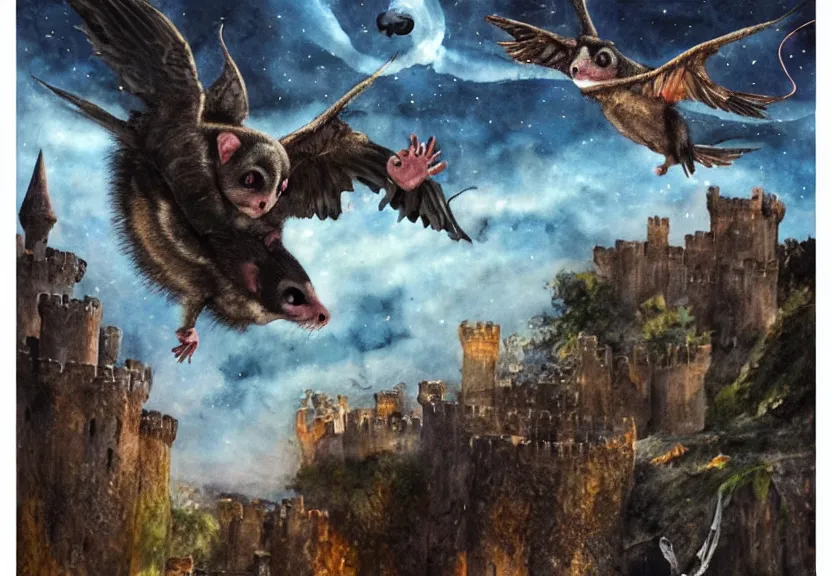 Image similar to Threatening winged possum flying over a medieval castle under a dark starred sky, dark fantasy, watercolor, dreaming illusion, highly detailed, 4k, trending on Artstation, award-winning