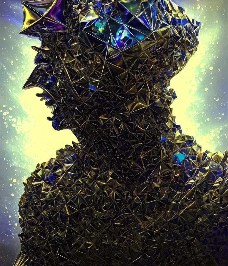 Image similar to front!!! shot of a court jester!!! character, mesmerizing fractal hypercubes, platinum cracked, dark holography!!!, future, metallic galactic, crystalline edges, polygonal, elegant, highly detailed, centered, (((artstation, concept art, jagged, sharp focus, artgerm, Tomasz Alen Kopera, Peter Mohrbacher, donato giancola, Joseph Christian Leyendecker, WLOP, Boris Vallejo))), ((raytracing)), mugshot!!!!!, ugly!!!!!!, octane render, nvidia raytracing demo, octane render, nvidia raytracing demo, octane render, nvidia raytracing demo, 8K, cinematic, masterpiece