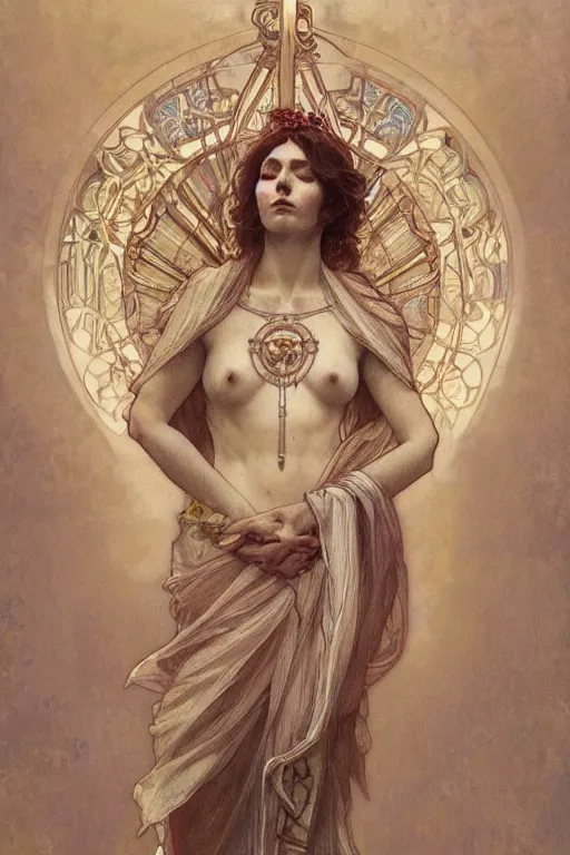 Image similar to a full body portrait of a beautiful ethereal delicate roman mage queen meditative sacral pose catholic stages of the cross, intricate, elegant, highly detailed, digital painting, artstation, concept art, smooth, sharp focus, illustration, art by krenz cushart and artem demura and alphonse mucha