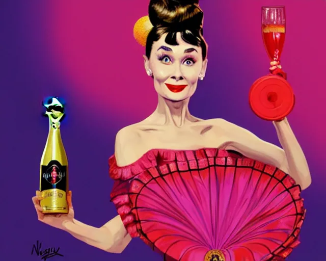 Image similar to audrey hepburn as a cancan dancer besides a big bottle of champagne in art deco style, hyper realistic, artstation, illustration, digital paint, matte paint, vivid colors, bright, cheerful, detailed and intricate environment