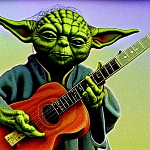 Prompt: Yoda Playing Guitar at Woodstock 99 hyperrealistic