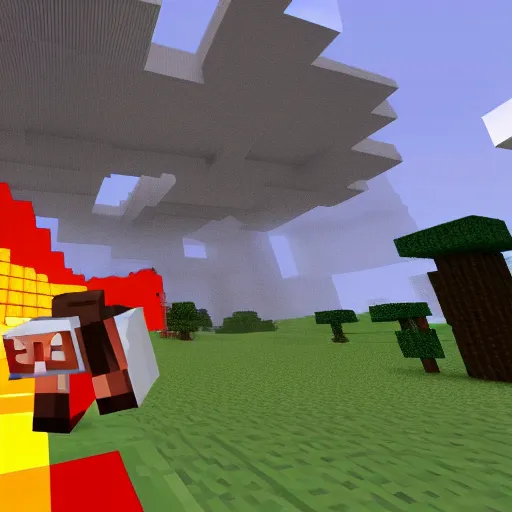 Image similar to minecraft steve jumping into lava holding cow