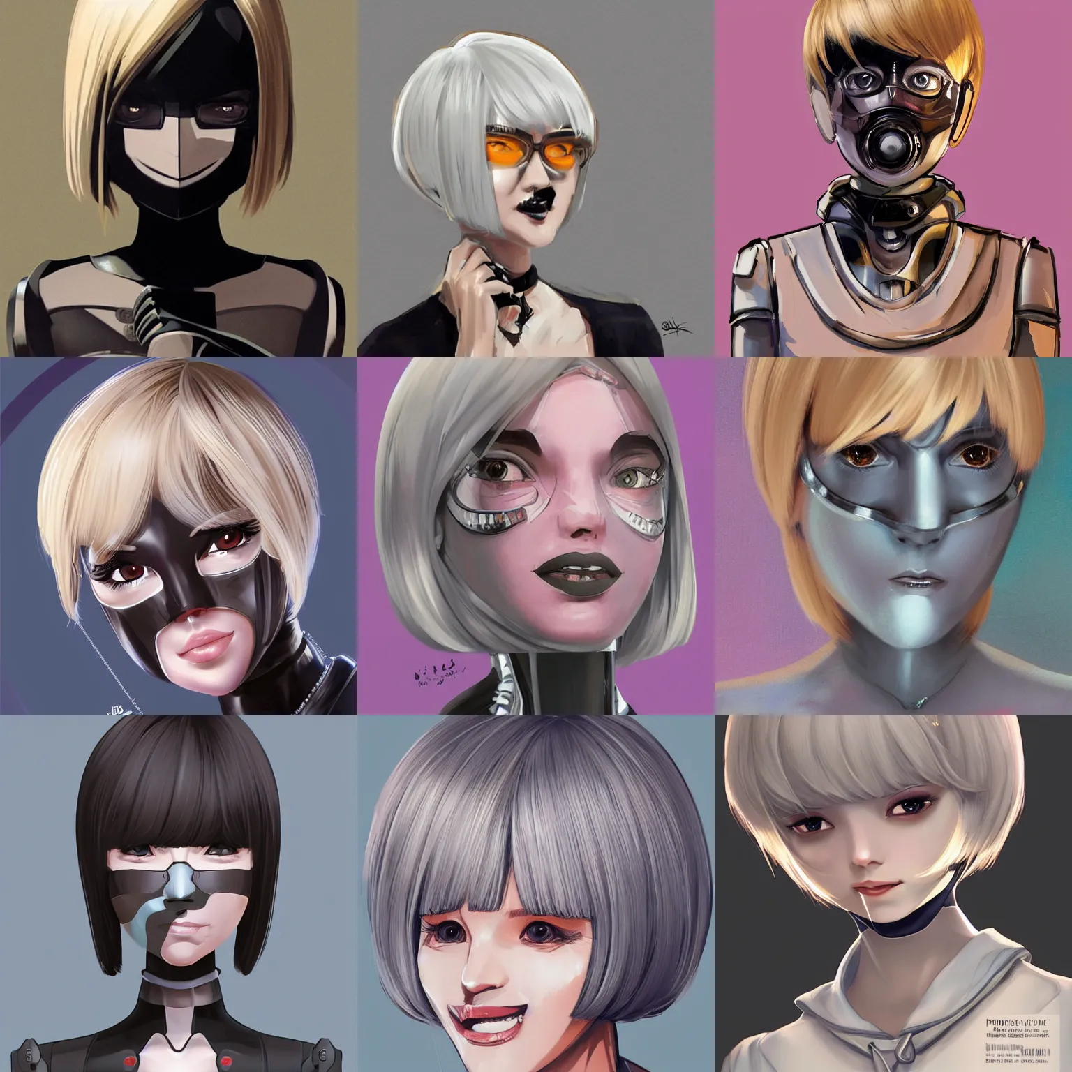 Prompt: android robot girl face fanart, black facemask, blond bob haircut, muted colors, matte print, pastel colors, ornate, digital art, cute smile, digital painting, fan art, elegant, pixiv, by Ilya Kuvshinov, by artgerm