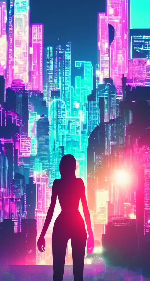 Image similar to cyber women, city, neon lights, glow, retrowave style, sunset,