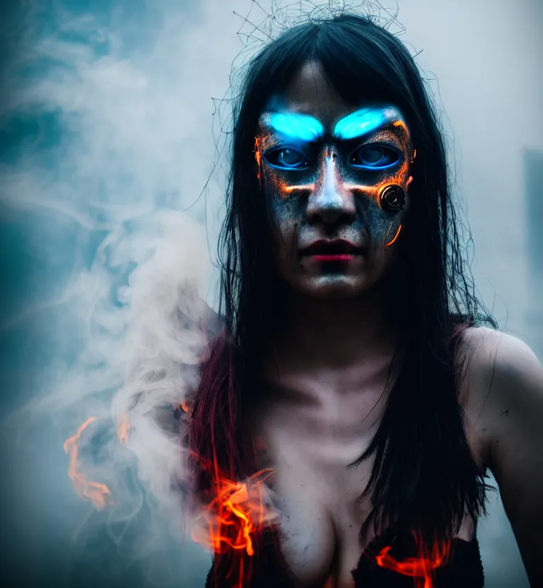 Image similar to a photo close up cyberpunk woman, wearing demon mask, fire dance in cyberpunk dirty alley, smoke mist rain, cyberpunk gunma prefecture, midnight, photorealistic, cinematic color, studio lighting, highly detailed, bokeh, style by tomino - sama