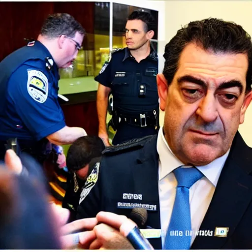 Prompt: evil dan andrews melbourne premier surrounded by swat team