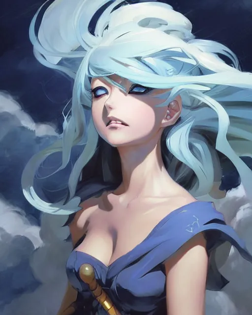 Image similar to greg manchess character concept art of an anime thunderstormy cloud goddess | | anime anime anime, cute - fine - face, pretty face, realistic shaded perfect face, close up, fine details by stanley artgerm lau, wlop, rossdraws, james jean, andrei riabovitchev, marc simonetti, and sakimichan, trending on artstation