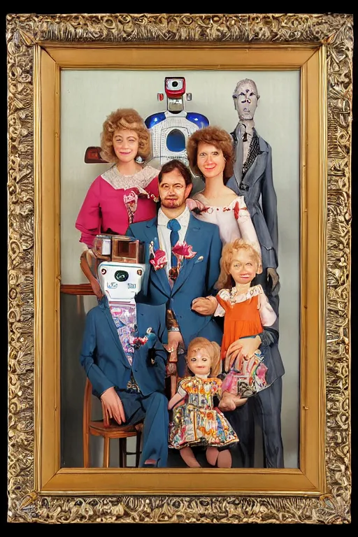 Image similar to A beautiful professional robot family portrait, by Bachrach Studios, 1980s, in an ornate wooden frame