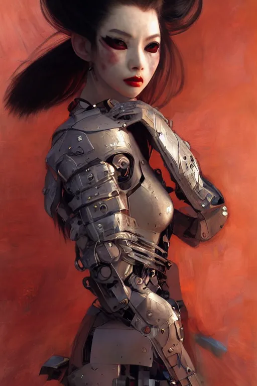 Image similar to > professional dynamtic portrait of female an agile geisha cyberpunk in a dynamic pose , armor elements , long red hair, beautiful bone structure, symmetrical facial features, intricate, elegant, digital painting, concept art, smooth, sharp focus, illustration, by Ruan Jia and Mandy Jurgens , and mucha, and Artgerm and William-Adolphe Bouguerea