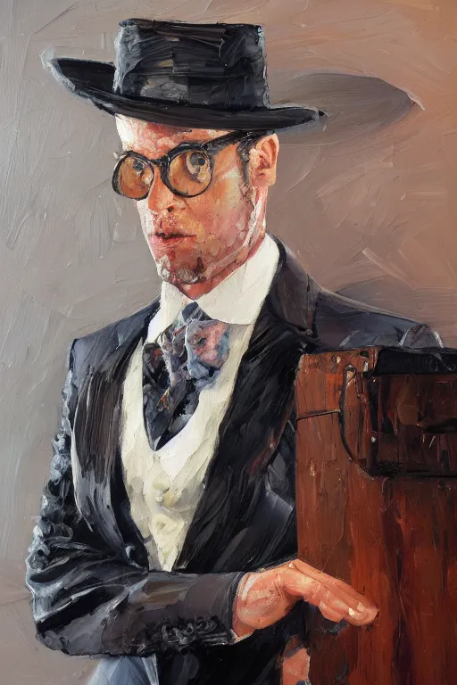 Prompt: palette knife oil painting portrait of graham, a fellow in a three - piece suit and monocle, peering over from his heavy, lacquered oak reception desk, extreme detail, artstation trending, artgerm, any racial background, deviant art, octane, substance, art history 8 k