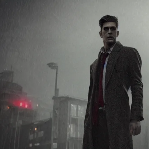 Prompt: highly detailed character art of a tall handsome man wearing a dusty black coat with a red right hand, suburbs and a gathering storm in the background, photo realistic, dark atmosphere, moody, 8K, octane render, unreal engine