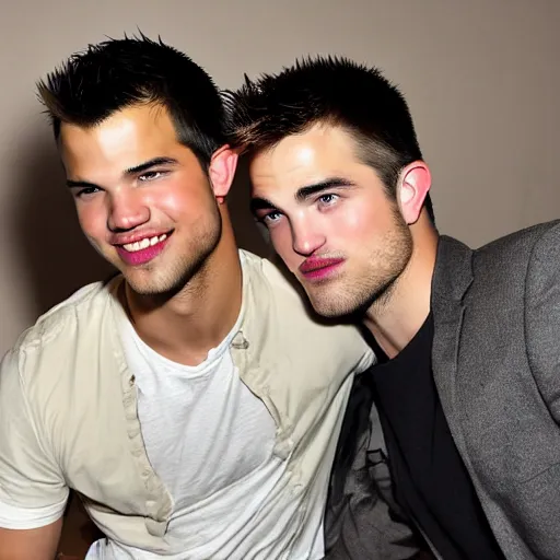 Prompt: taylor lautner making out with robert pattinson on a couch in a beautiful living room