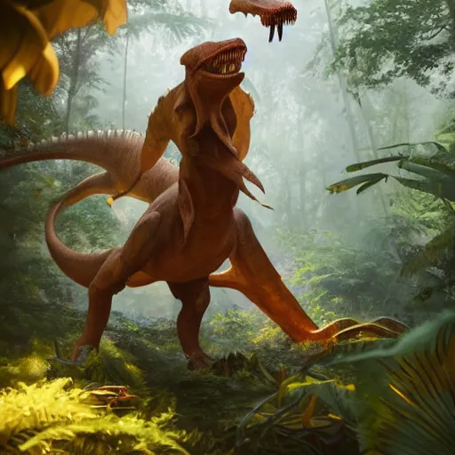 Prompt: a dinosaur in the jungle, huggy wuggy from poppy playtime video game, fullbody, ultra high detailed, oil painting, greg rutkowski, charlie bowater, yuumei, yanjun cheng, unreal 5, daz, hyperrealistic, octane render, rpg portrait, dynamic lighting, fantasy art, beautiful face