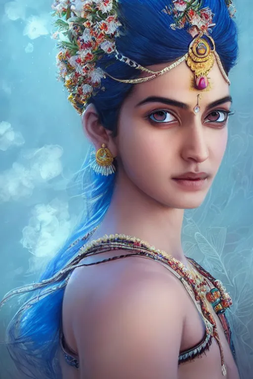 Image similar to a pale Indian girl with white hair, floral crown, sad blue eyes, cinematic lighting, ultra detailed, highly detailed, sharp focus, golden background with flowers, golden jewellery with blue sapphires, photographic, art by artgerm and greg rutkowski and zdislav beksinski