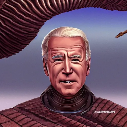 Image similar to cartoon joe biden's face a dune sandworm body shai-hulud cover art dune; photorealistic cgi movie poster style, artstation, Mihai, sandworm, shai-hulud