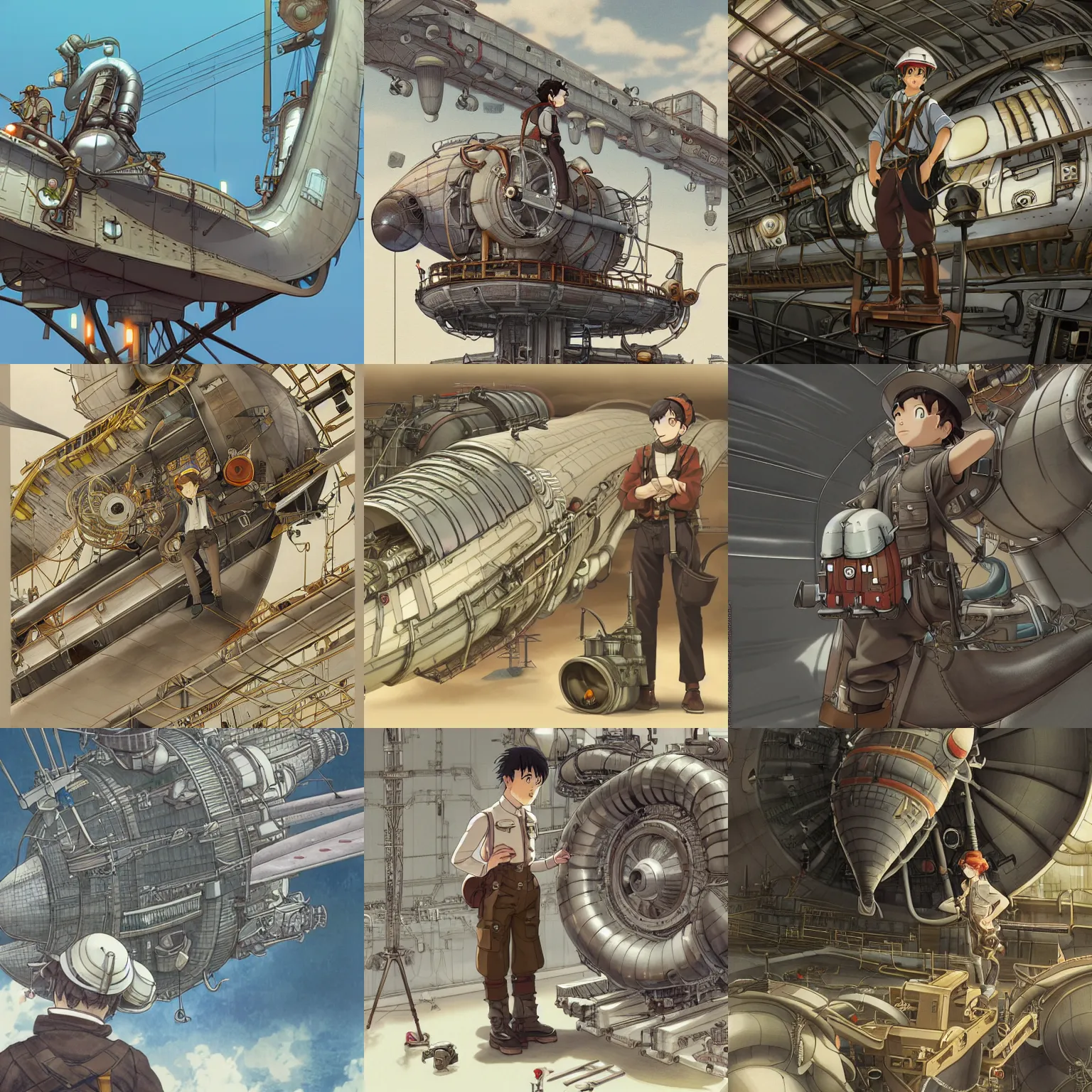 Prompt: Full body portrait of an engineer working on an airship, dieselpunk, detailed, artstation, anime still, by Kyoto Animation and Studio Ghibli, by Yoshitoshi ABe and Range Murata