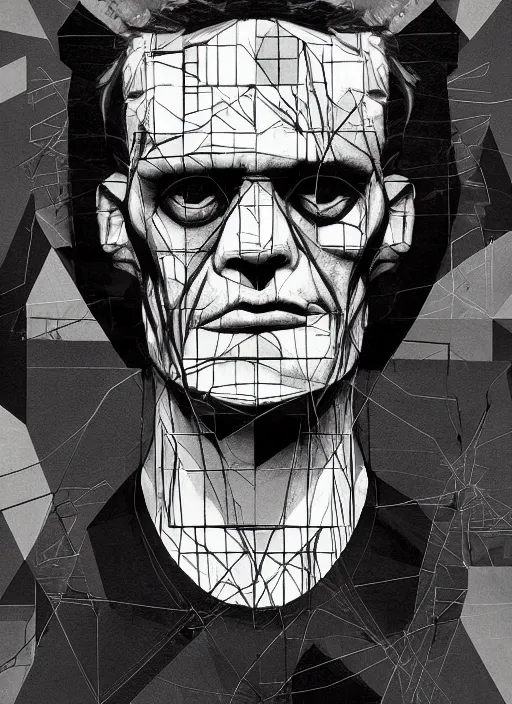 Image similar to symmetry!! portrait of frankenstein by sachin teng, organic, cables, black and white, matte painting, geometric shapes, hard edges! graffiti, street art