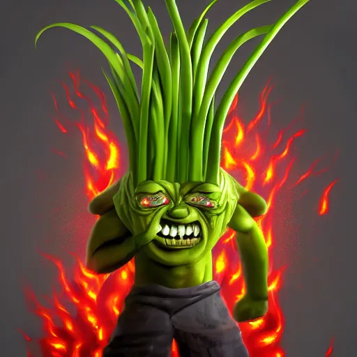 Prompt: monstrous spring onions killing humans, evil faces, flames, dark colors, concept art, trending on artstation, detailed, realistic, photography, 8 k hd