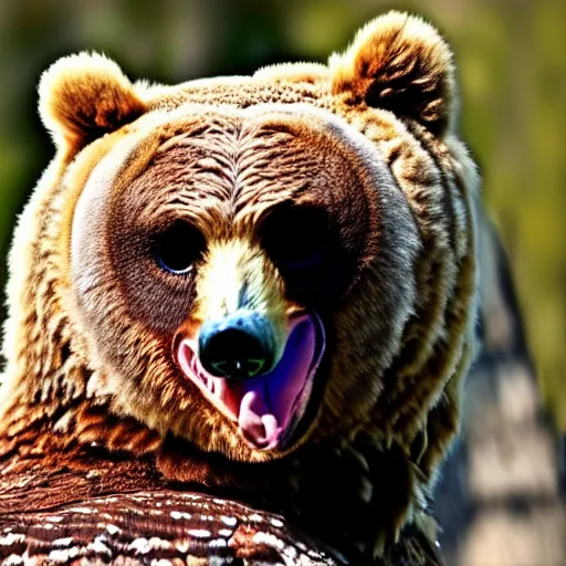 Image similar to An animal that has the body of a bear and the head of an owl, The animal has the body of a bear, with fur, the bear is brown, it's owls head has feathers, the owls face eyes are yellow , 8k, ultra realistic, professional photography