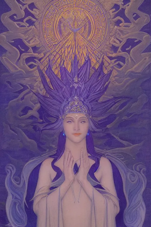 Prompt: queen of the night river, by Nicholas Roerich and jean delville and Maxfield Parrish, dramatic cinematic lighting , ornate headdress , lost civilizations, extremely detailed