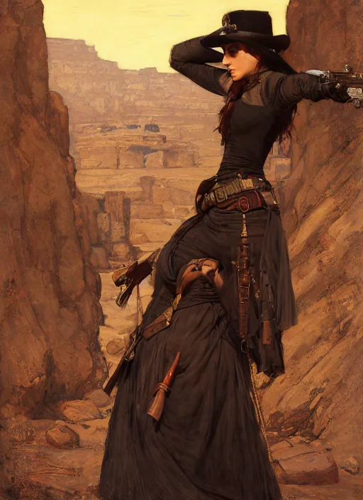 Prompt: Old west female gunslinger (rdr2, laurie greasley). Iranian orientalist portrait by john william waterhouse and Edwin Longsden Long and Theodore Ralli and Nasreddine Dinet, oil on canvas. Cinematic, hyper realism, realistic proportions, dramatic lighting, high detail 4k